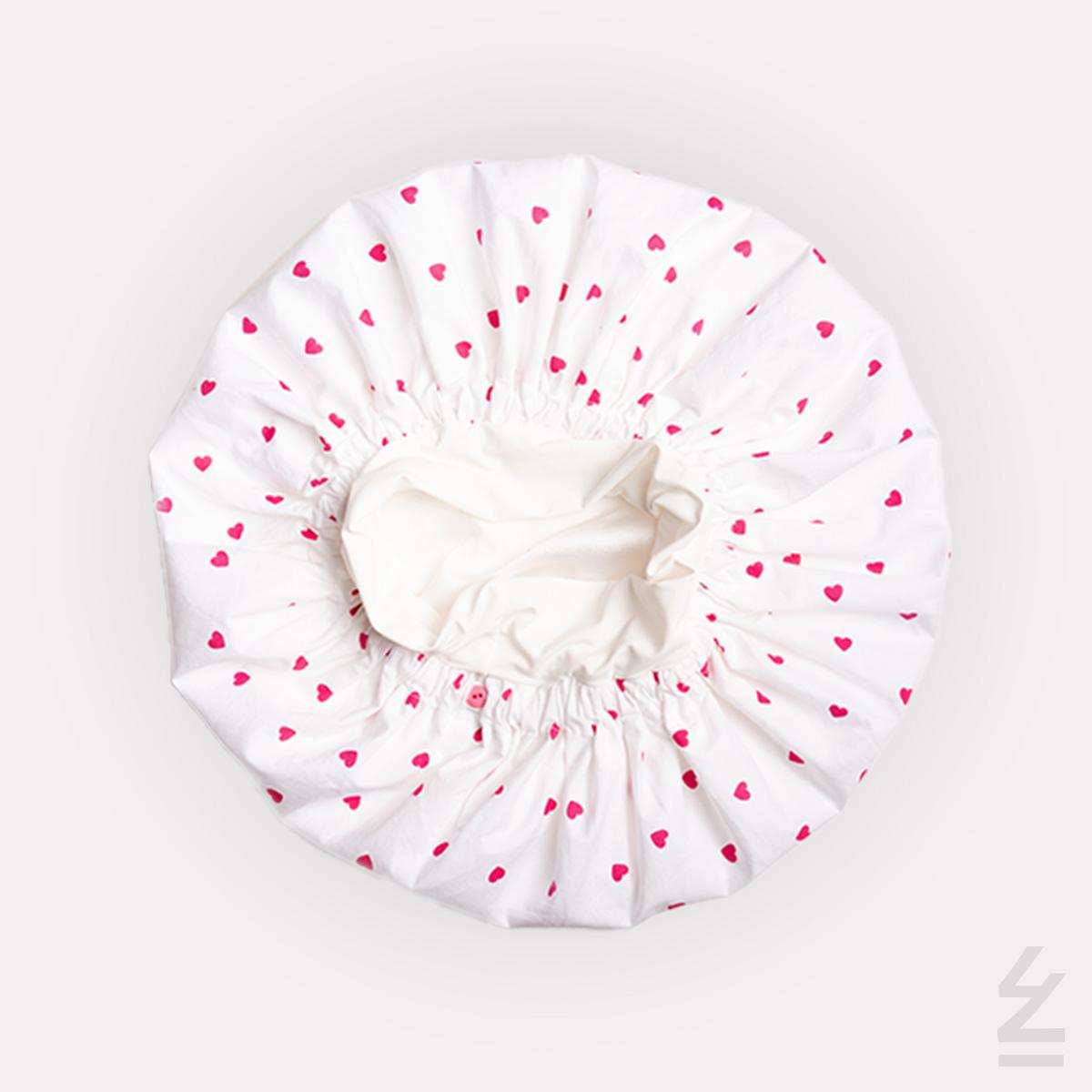 Bonnet de nuit soie coton : coeurs fushia sur blanc