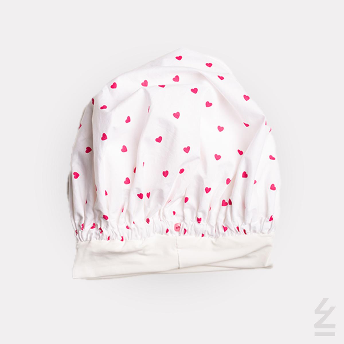 Bonnet de nuit soie coton : coeurs fushia sur blanc