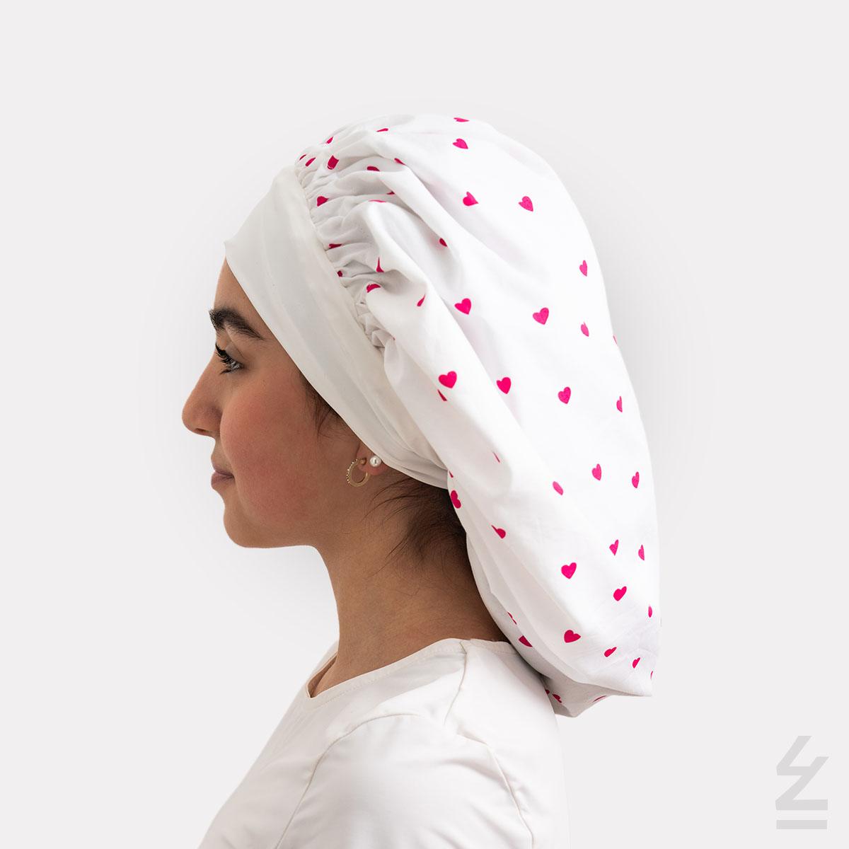 Bonnet de nuit KOLA soie coton : coeurs fushia sur blanc - taille medium