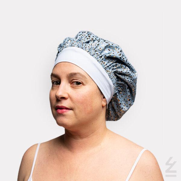 Bonnet de nuit KIMIA : soie et coton jeans leopard clair - Bandeau taille S