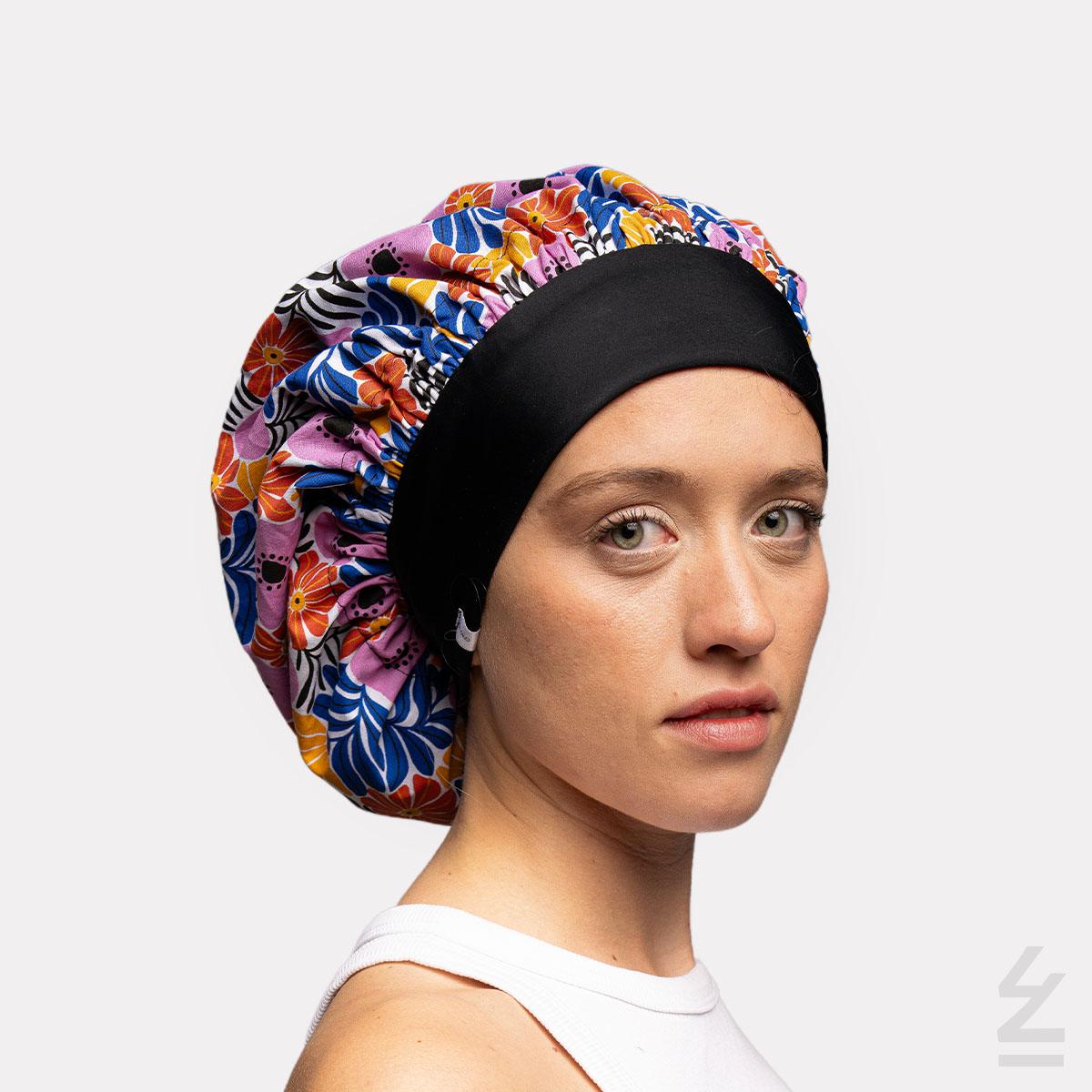 Bonnet de nuit soie coton KITOKO : fleurs cobalt - Bandeau taille M