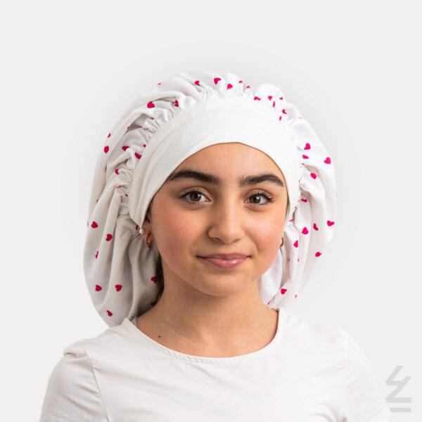 Bonnet de nuit KOLA soie coton : coeurs fushia sur blanc - taille medium