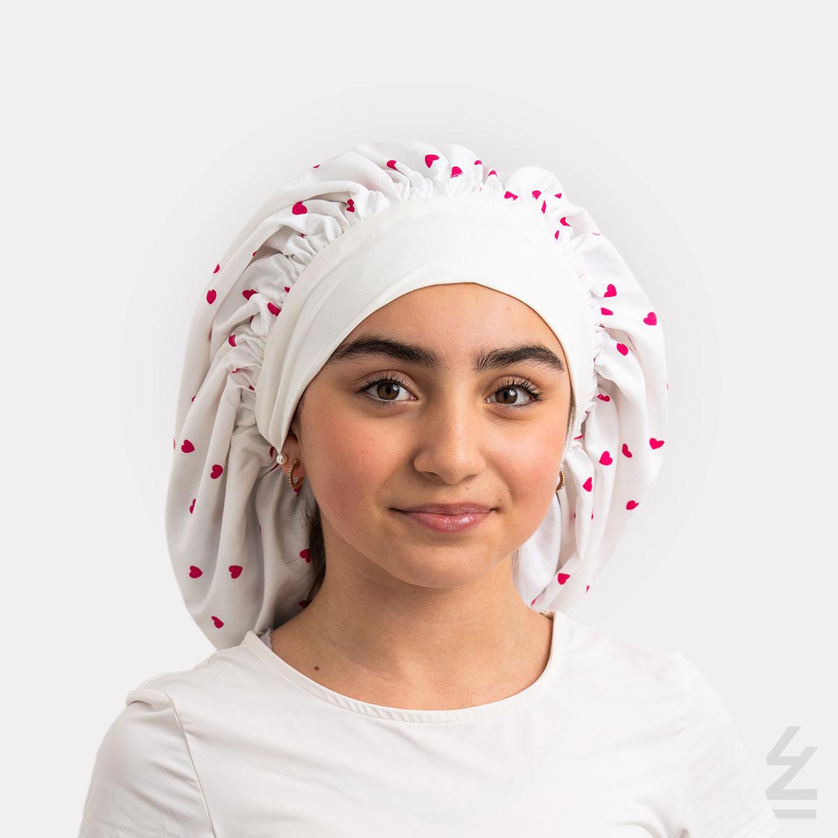 Bonnet de nuit KOLA soie coton : coeurs fushia sur blanc - taille medium