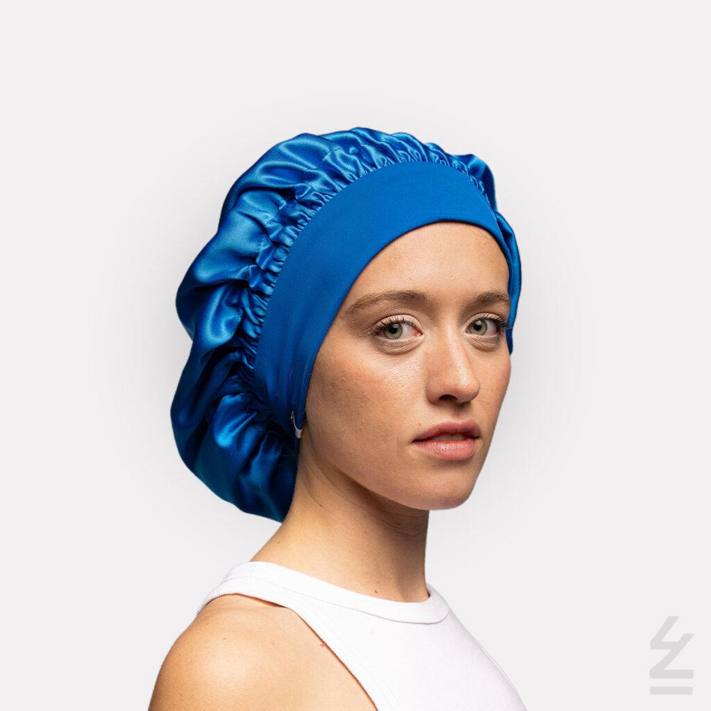Bonnet de nuit en soie KITOKO : bleu électrique - bandeau taille M